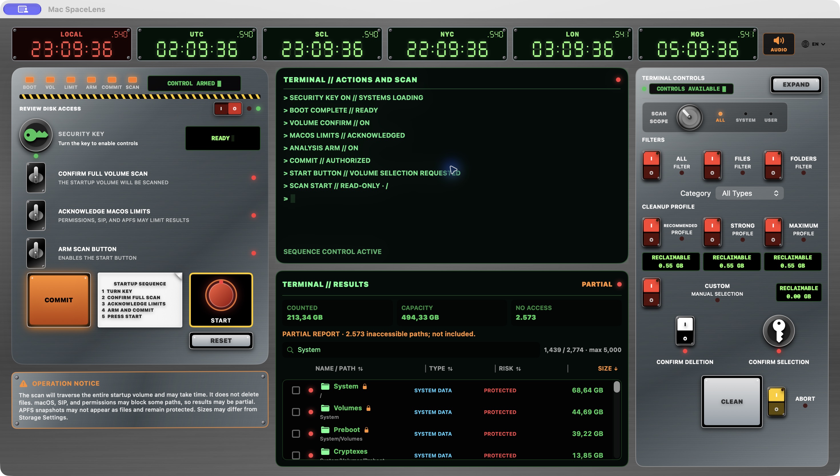 Mac SpaceLens English interface with physical security key, metal switches and green terminal